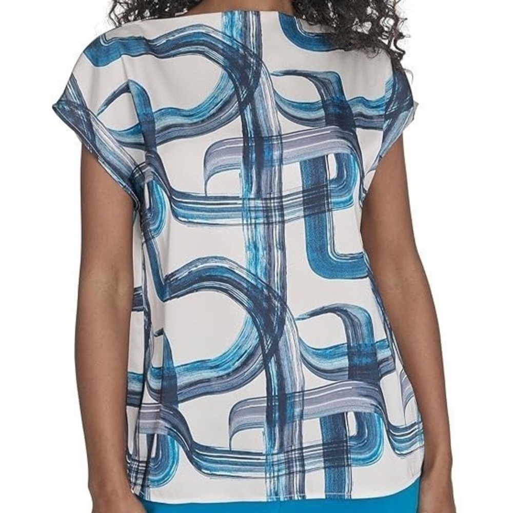 Calvin Klein Cap Sleeve Mock Neck Corsica Multi Top Shirt Womens Size S NWT